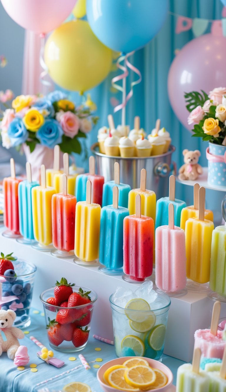 A colorful popsicle station with various flavored popsicles and pastel baby shower decorations on a decorated table.